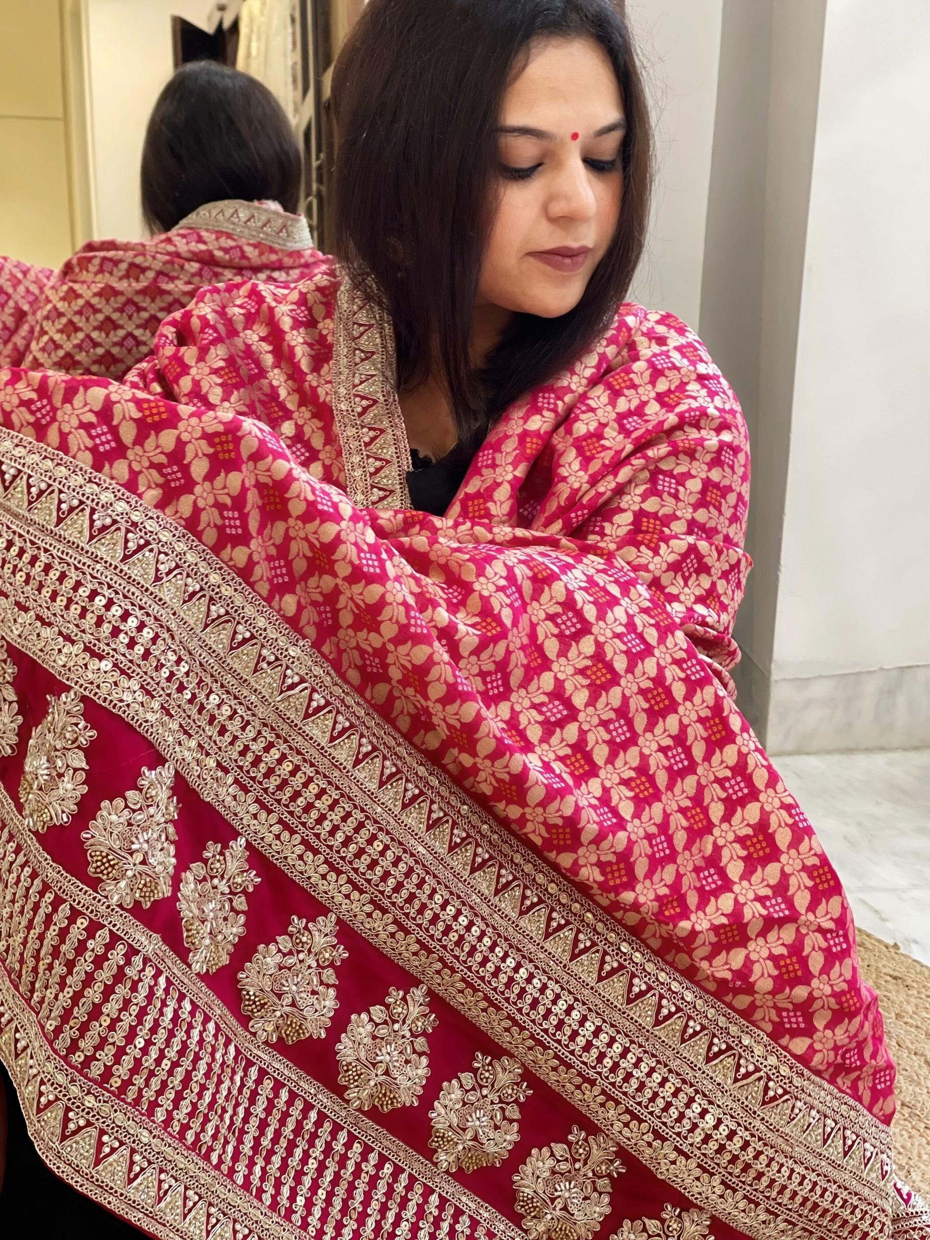 Pink Woven Bandhej Banarasi Dupatta in Fine Georgette with Zardosi Work - Masakalee