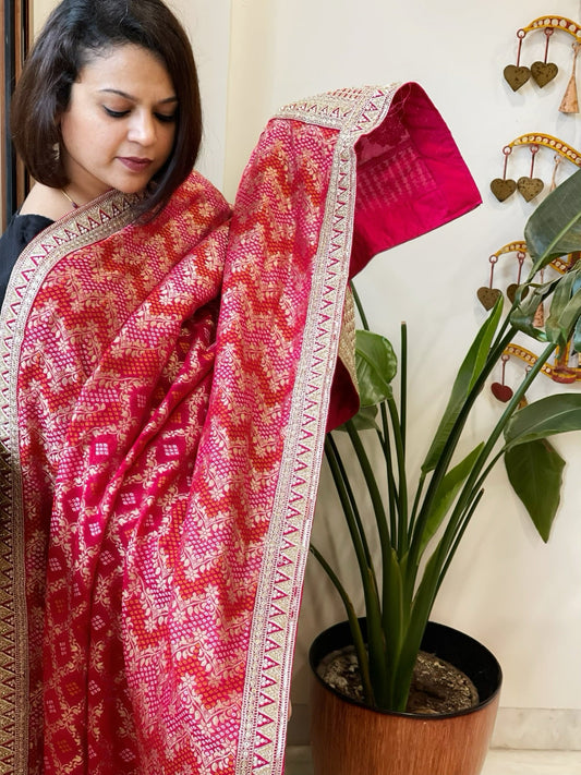 Pink Woven Bandhej Banarasi Dupatta in Fine Georgette with Zardosi Work - Masakalee