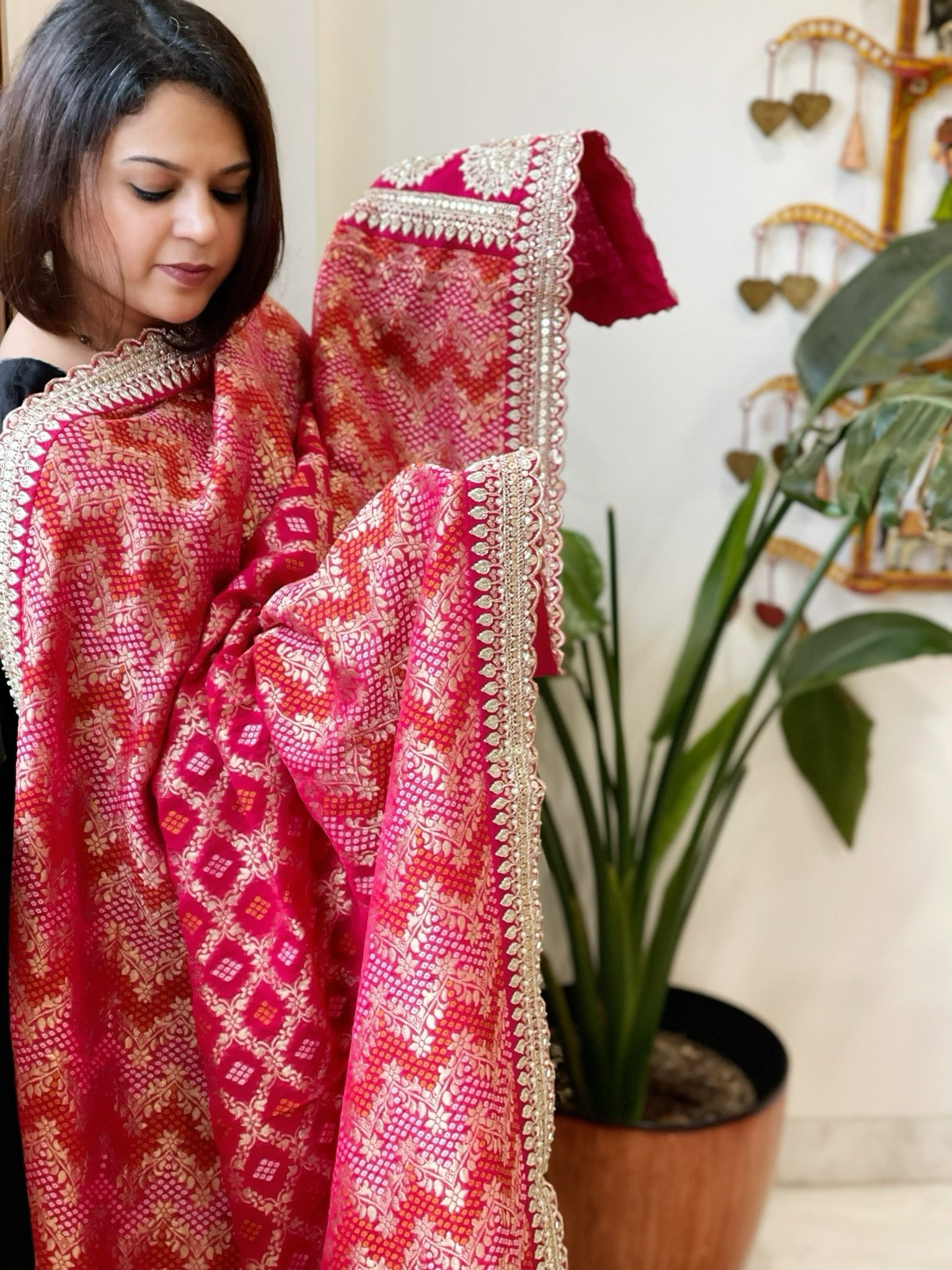 Pink Woven Bandhej Banarasi Dupatta in Fine Georgette with Zardosi Work - Masakalee