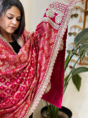 Pink Woven Bandhej Banarasi Dupatta in Fine Georgette with Zardosi Work - Masakalee