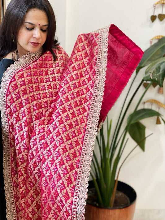 Pink Woven Bandhej Banarasi Dupatta in Fine Georgette with Zardosi Work - Masakalee