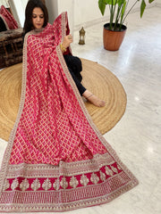 Pink Woven Bandhej Banarasi Dupatta in Fine Georgette with Zardosi Work - Masakalee