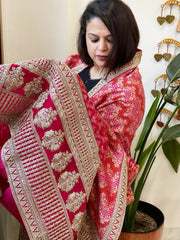 Pink Woven Bandhej Banarasi Dupatta in Fine Georgette with Zardosi Work - Masakalee