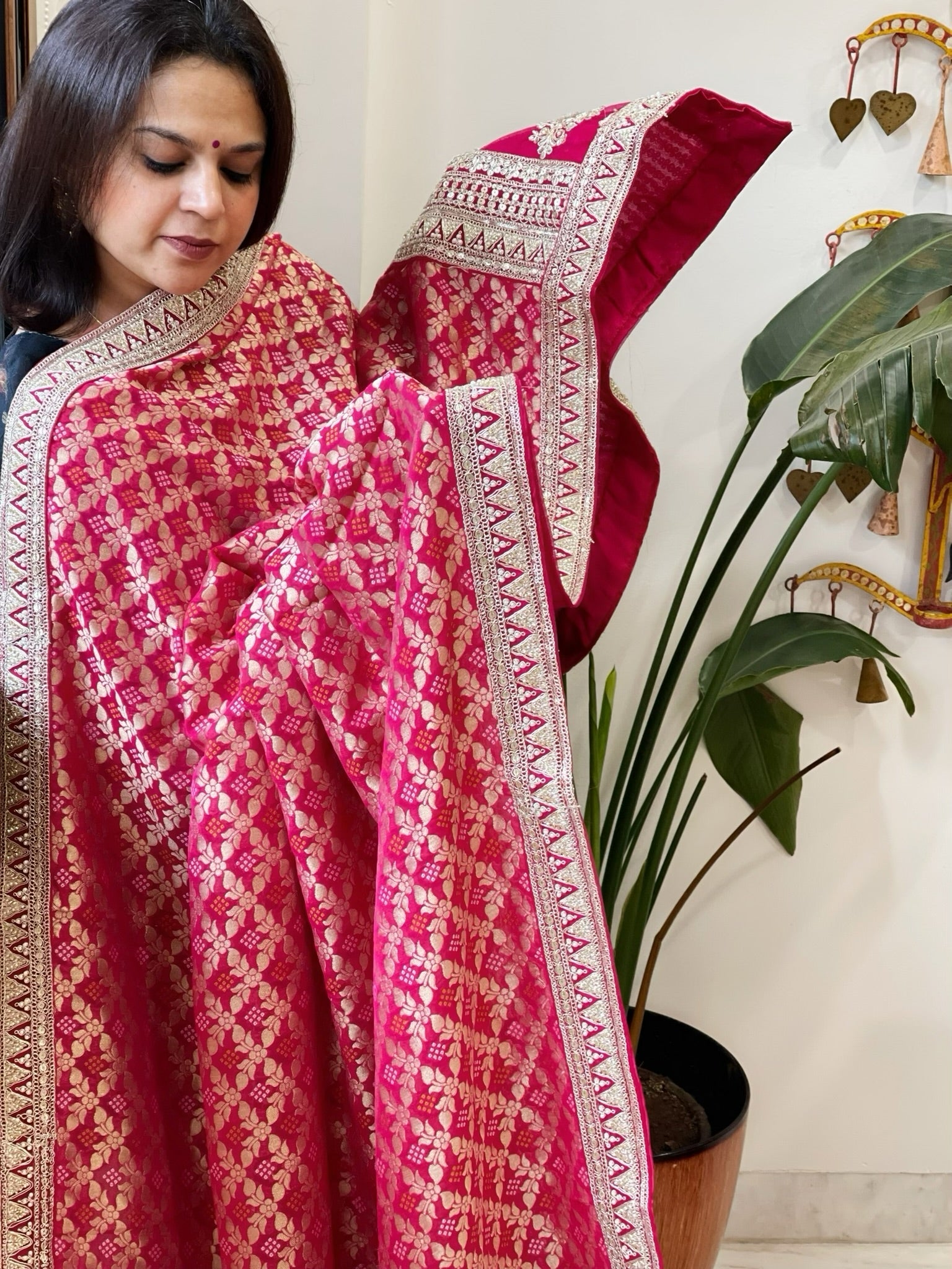 Pink Woven Bandhej Banarasi Dupatta in Fine Georgette with Zardosi Work - Masakalee