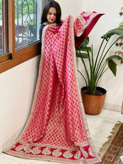 Pink Woven Bandhej Banarasi Dupatta in Fine Georgette with Zardosi Work - Masakalee