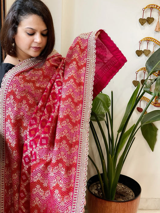 Pink Woven Bandhej Banarasi Dupatta in Fine Georgette with Zardosi Work - Masakalee