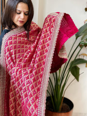Pink Woven Bandhej Banarasi Dupatta in Fine Georgette with Zardosi Work - Masakalee