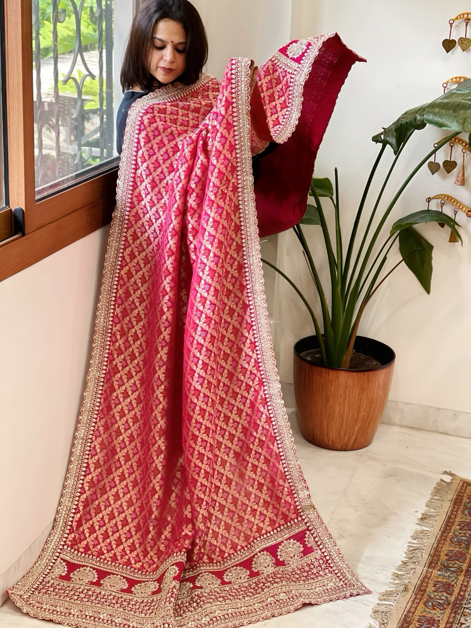 Pink Woven Bandhej Banarasi Dupatta in Fine Georgette with Zardosi Work - Masakalee