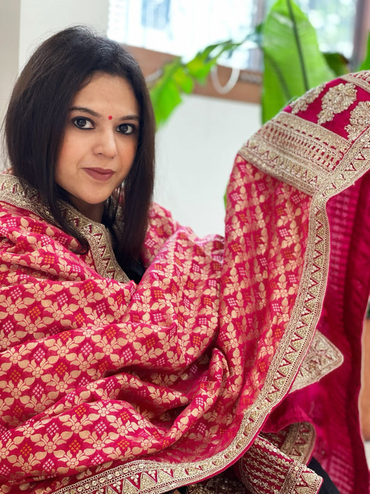 Pink Woven Bandhej Banarasi Dupatta in Fine Georgette with Zardosi Work - Masakalee