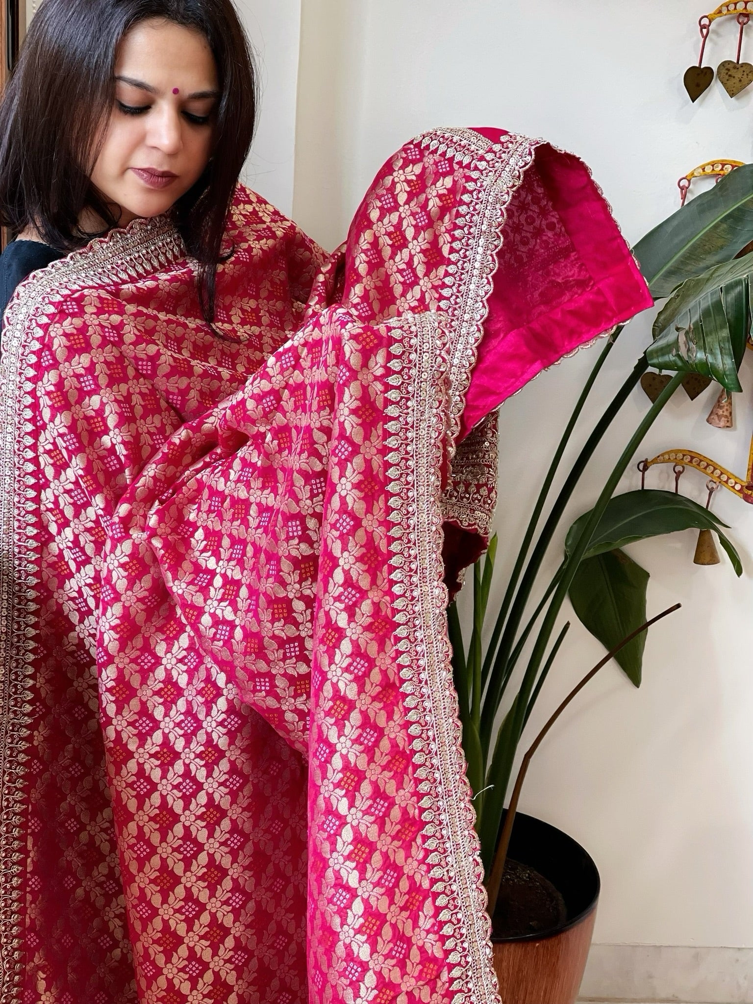 Pink Woven Bandhej Banarasi Dupatta in Fine Georgette with Zardosi Work - Masakalee