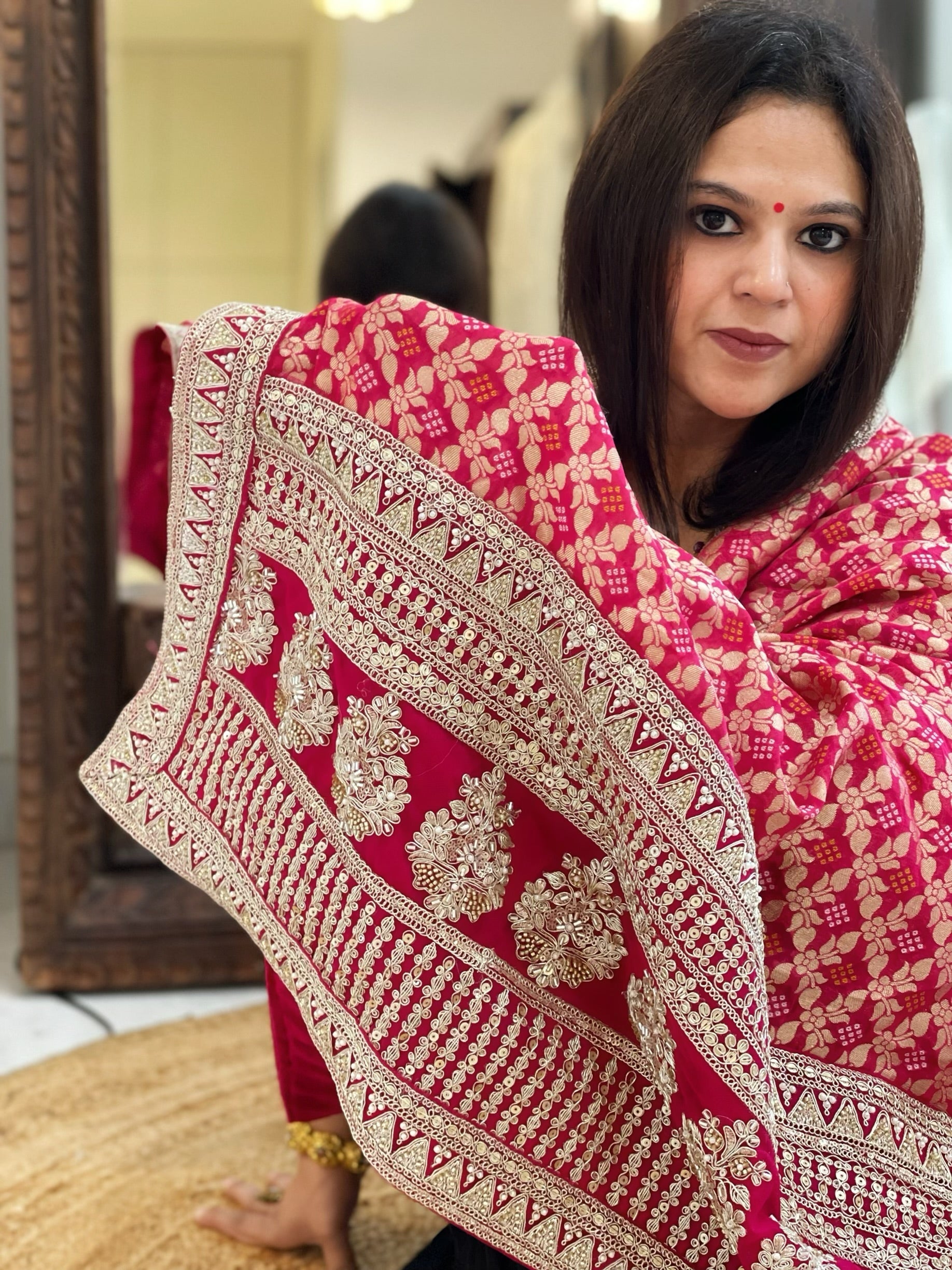 Pink Woven Bandhej Banarasi Dupatta in Fine Georgette with Zardosi Work - Masakalee