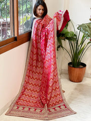Pink Woven Bandhej Banarasi Dupatta in Fine Georgette with Zardosi Work - Masakalee