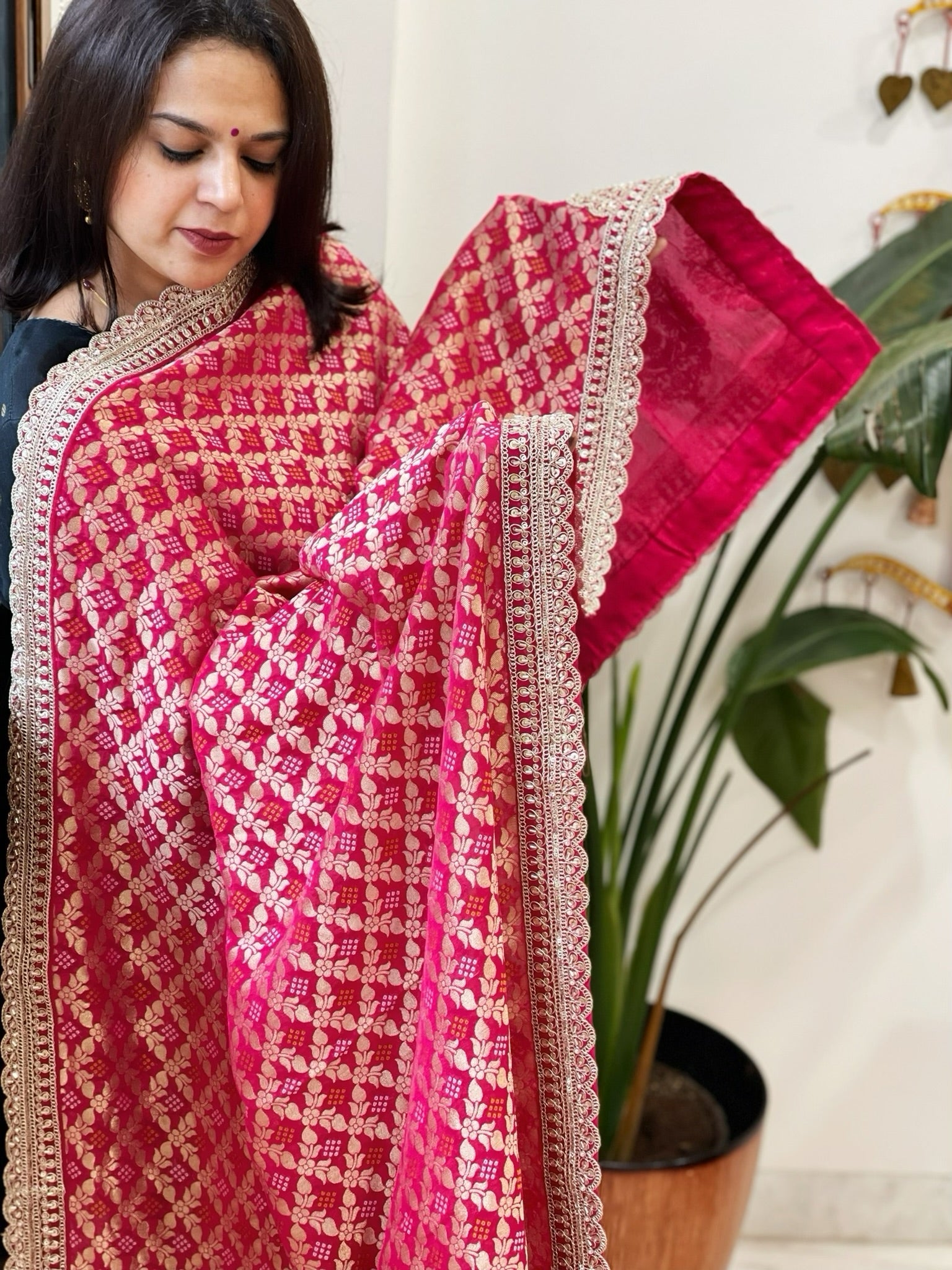 Pink Woven Bandhej Banarasi Dupatta in Fine Georgette with Zardosi Work - Masakalee