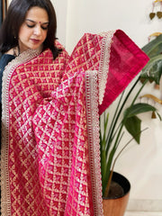 Pink Woven Bandhej Banarasi Dupatta in Fine Georgette with Zardosi Work - Masakalee