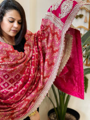 Pink Woven Bandhej Banarasi Dupatta in Fine Georgette with Zardosi Work - Masakalee