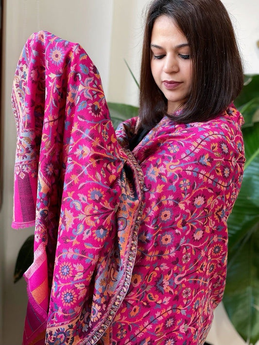 Pink Woven Kaani Jaal Pashmina Stole - Masakalee