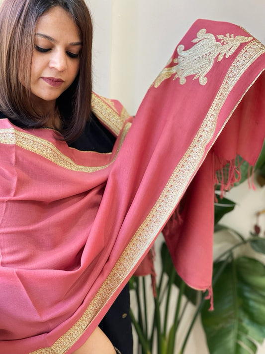 Pink Woven Pashmina Stole with Aari Embroidery - Masakalee