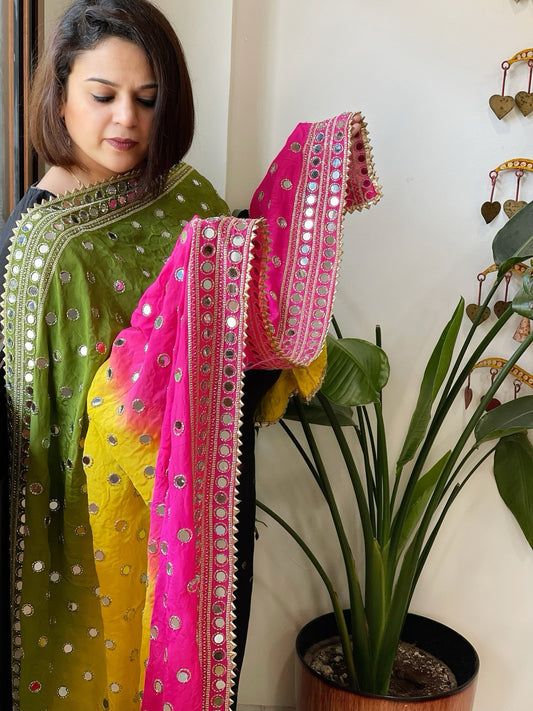 Pink, Yellow, Green Crepe Dupatta with Mirror and Cut Daana Work with Gota Lace Border - Masakalee