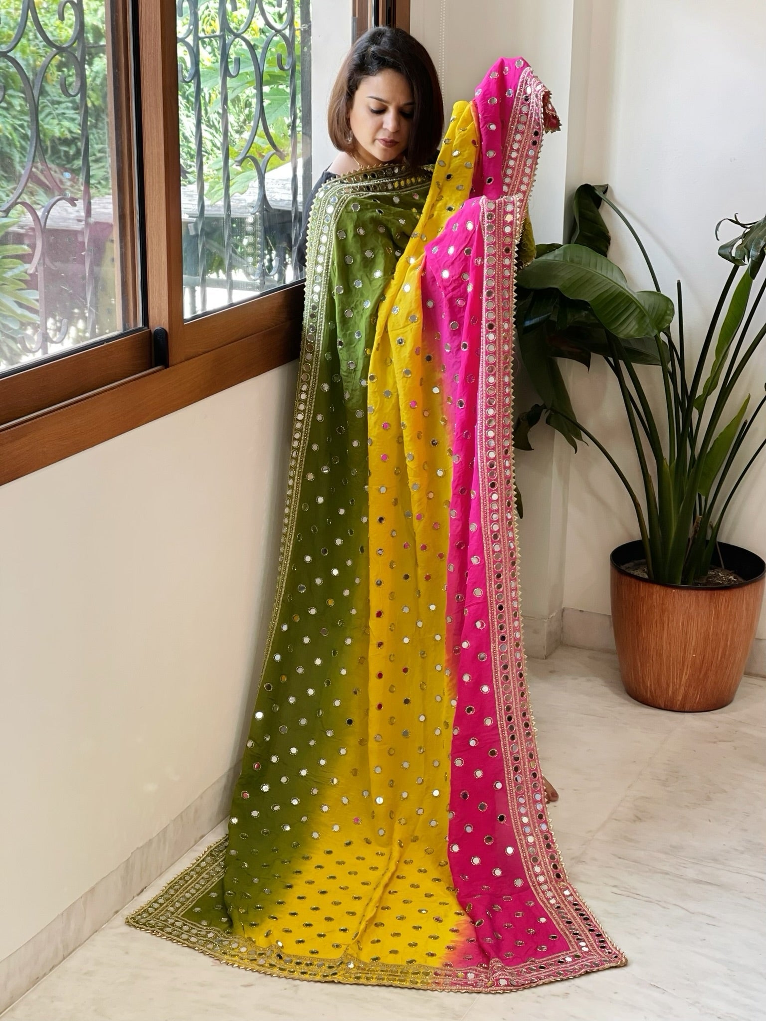 Pink, Yellow, Green Crepe Dupatta with Mirror and Cut Daana Work with Gota Lace Border - Masakalee
