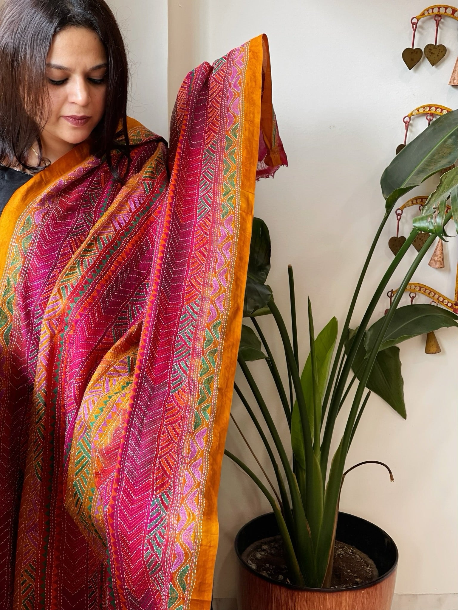 Pink, Yellow Handmade Kantha Dupatta in Silk - Masakalee