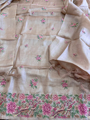 Pinkish Gold Suit Set with Cross-Stitch Embroidery in Pure Tussar Silk - Masakalee