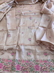 Pinkish Gold Suit Set with Cross-Stitch Embroidery in Pure Tussar Silk - Masakalee