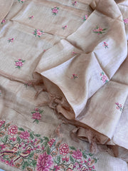 Pinkish Gold Suit Set with Cross-Stitch Embroidery in Pure Tussar Silk - Masakalee