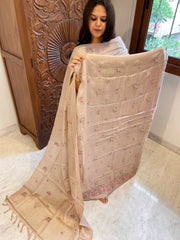 Pinkish Gold Suit Set with Cross-Stitch Embroidery in Pure Tussar Silk - Masakalee