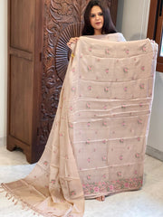 Pinkish Gold Suit Set with Cross-Stitch Embroidery in Pure Tussar Silk - Masakalee