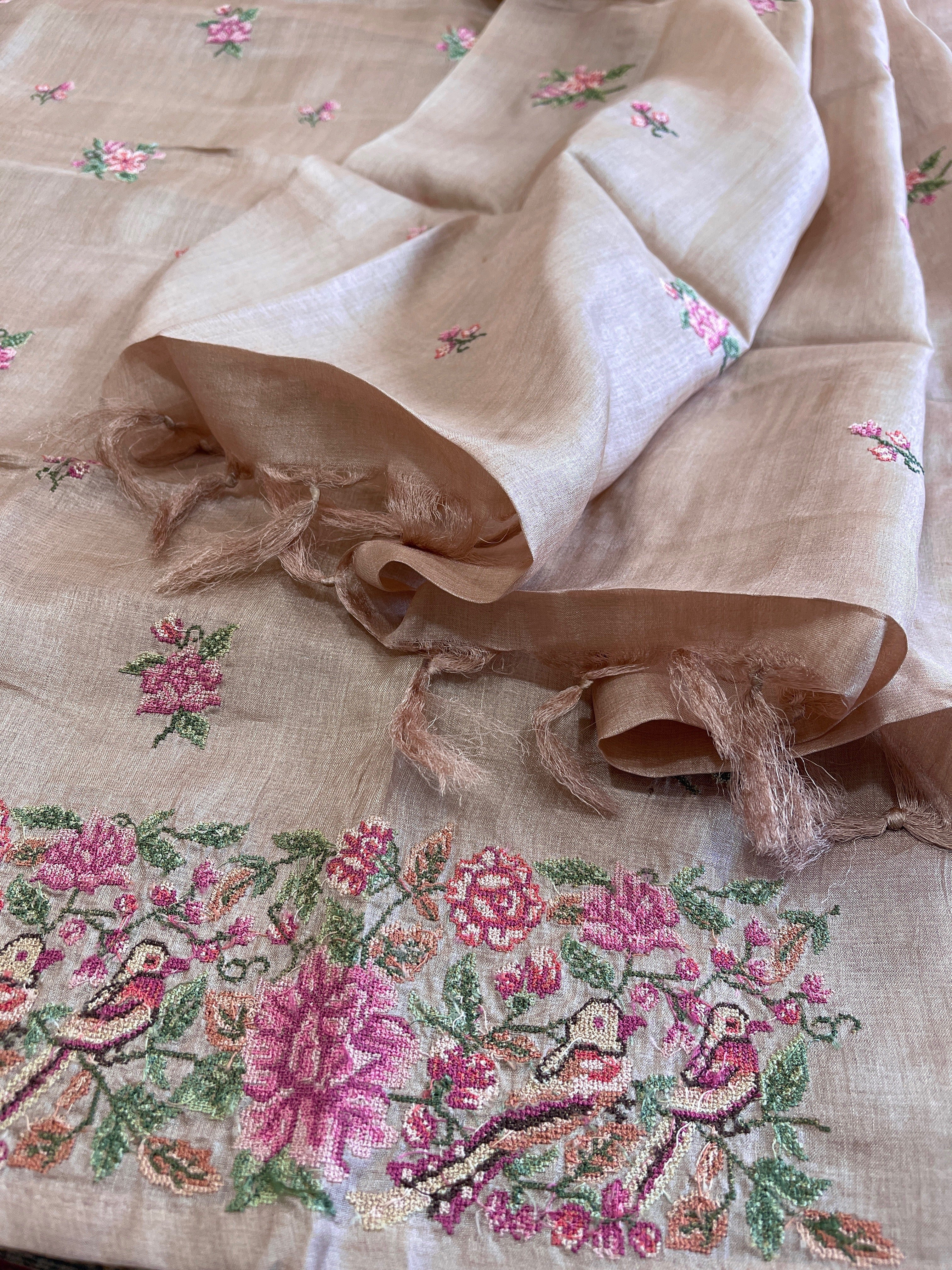 Pinkish Gold Suit Set with Cross-Stitch Embroidery in Pure Tussar Silk - Masakalee