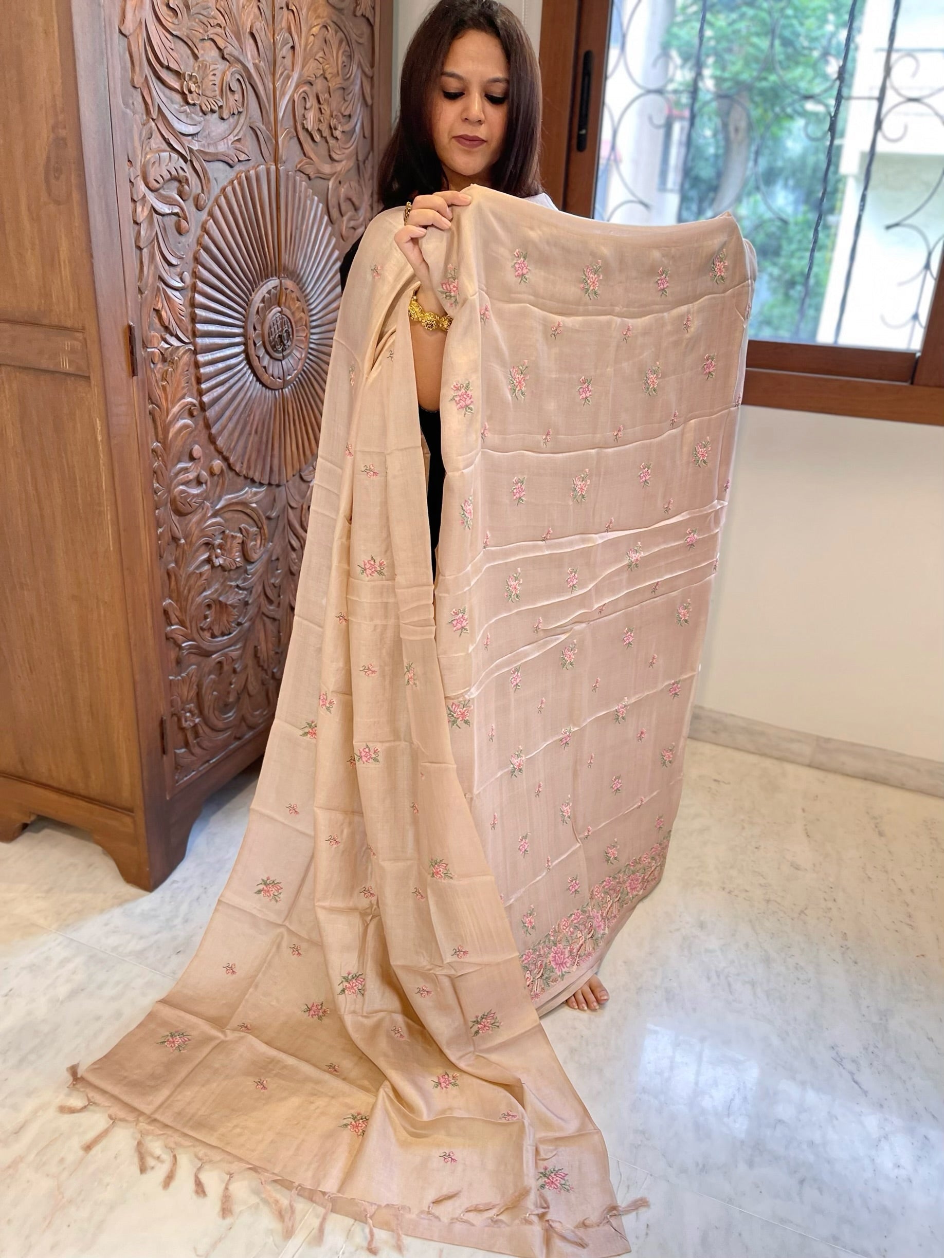 Pinkish Gold Suit Set with Cross-Stitch Embroidery in Pure Tussar Silk - Masakalee