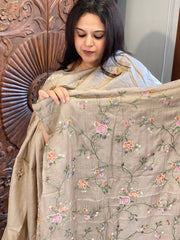 Pinkish Gold Suit Set with Thread Embroidery and Parsi Gara Embroidery in Pure Tussar Silk - Masakalee