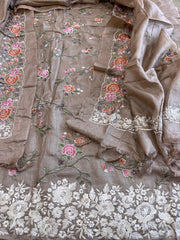 Pinkish Gold Suit Set with Thread Embroidery and Parsi Gara Embroidery in Pure Tussar Silk - Masakalee