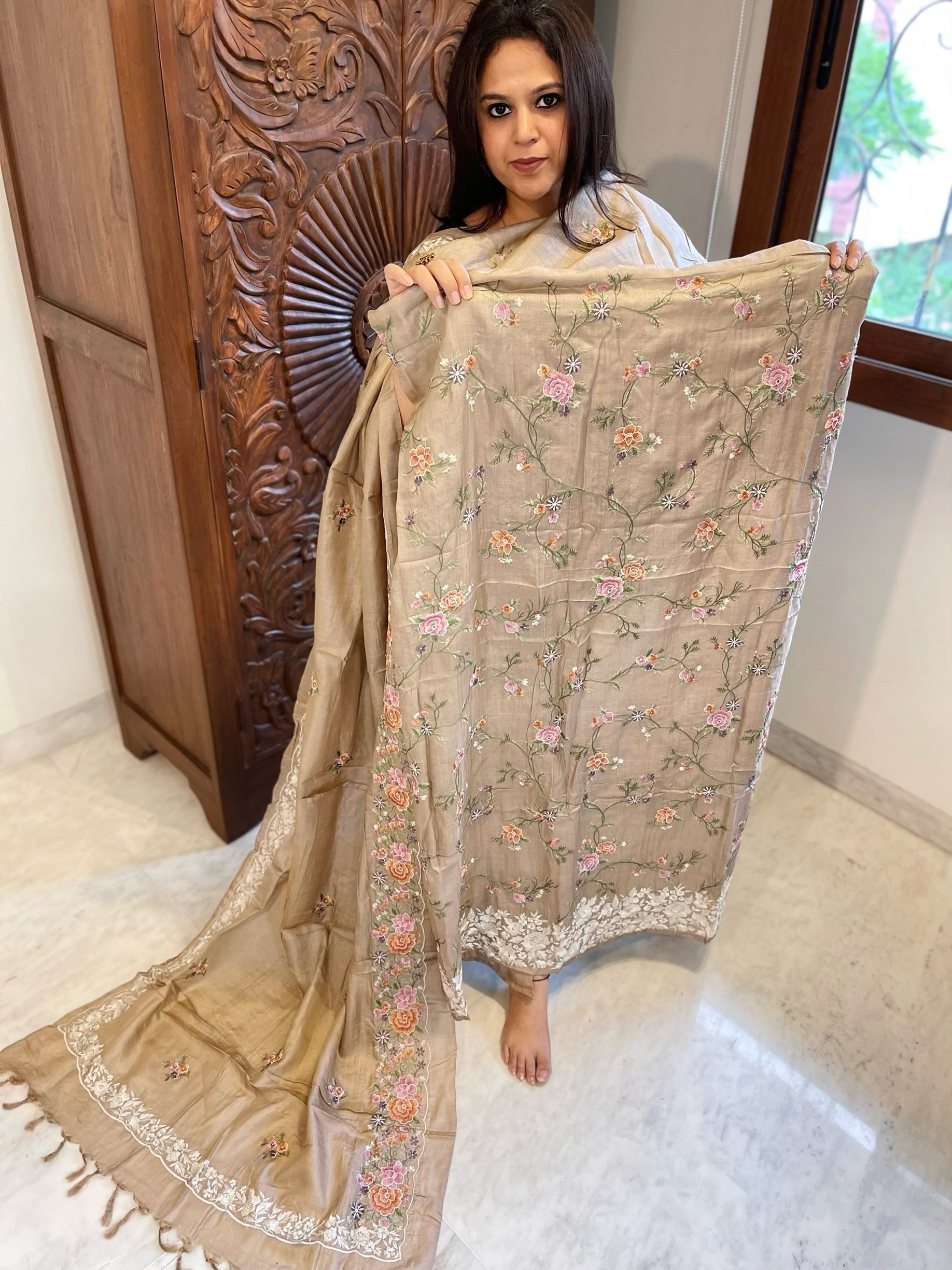 Pinkish Gold Suit Set with Thread Embroidery and Parsi Gara Embroidery in Pure Tussar Silk - Masakalee