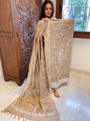 Pinkish Gold Suit Set with Thread Embroidery and Parsi Gara Embroidery in Pure Tussar Silk - Masakalee