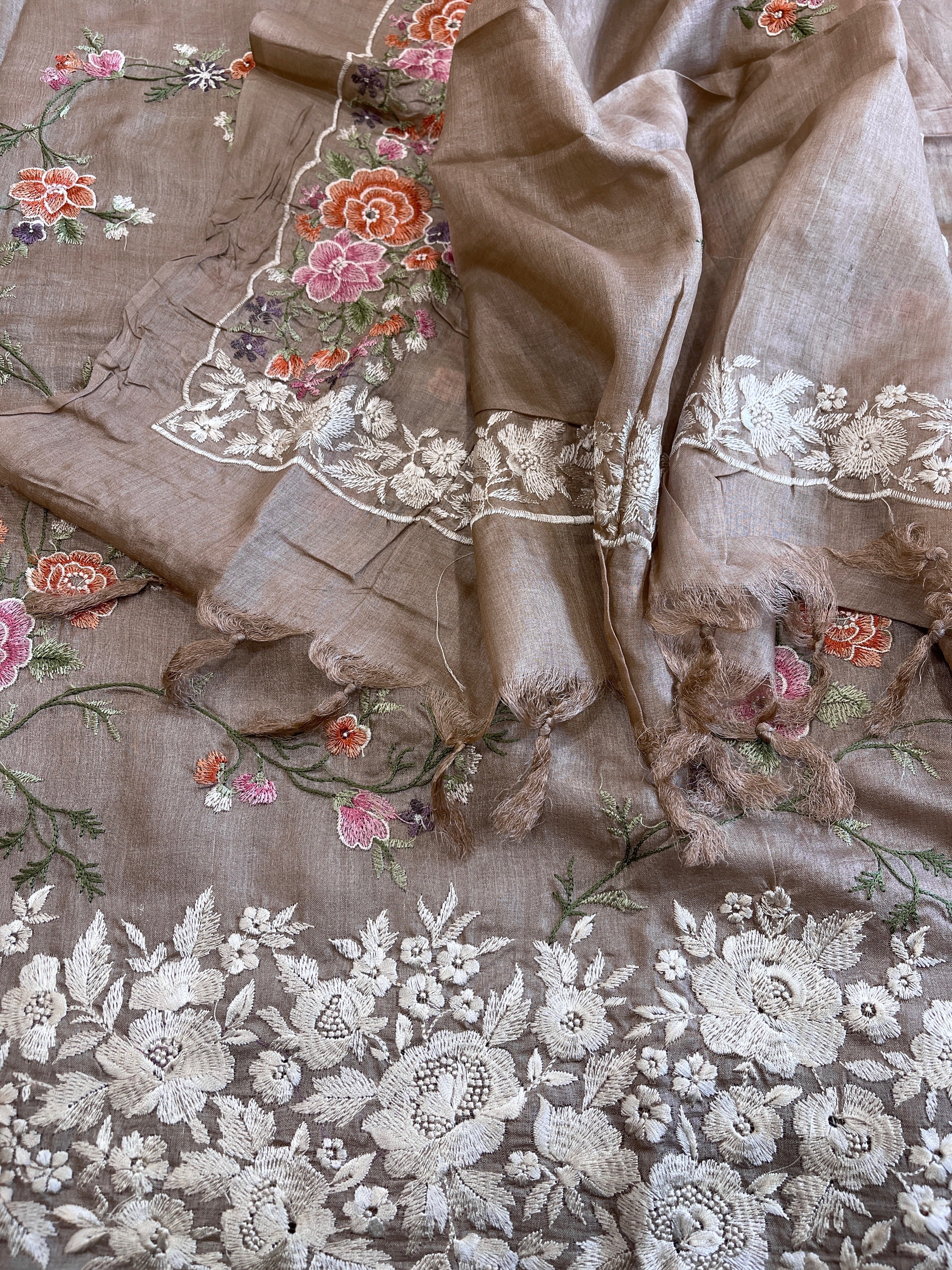 Pinkish Gold Suit Set with Thread Embroidery and Parsi Gara Embroidery in Pure Tussar Silk - Masakalee