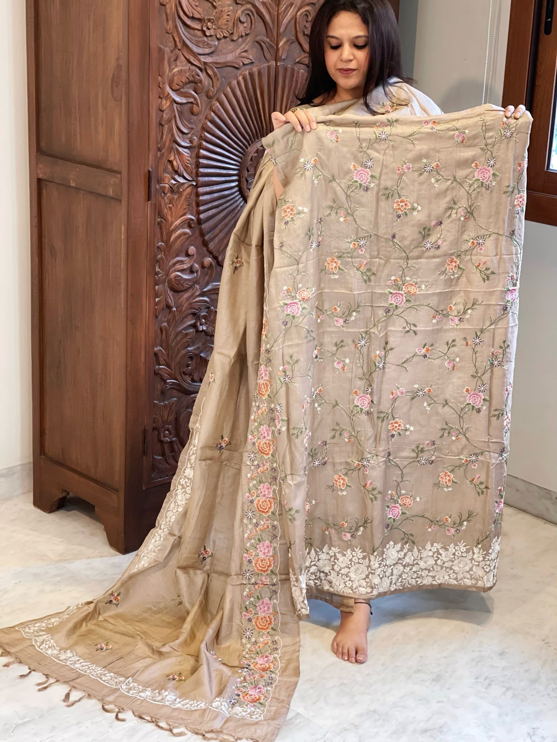 Pinkish Gold Suit Set with Thread Embroidery and Parsi Gara Embroidery in Pure Tussar Silk - Masakalee
