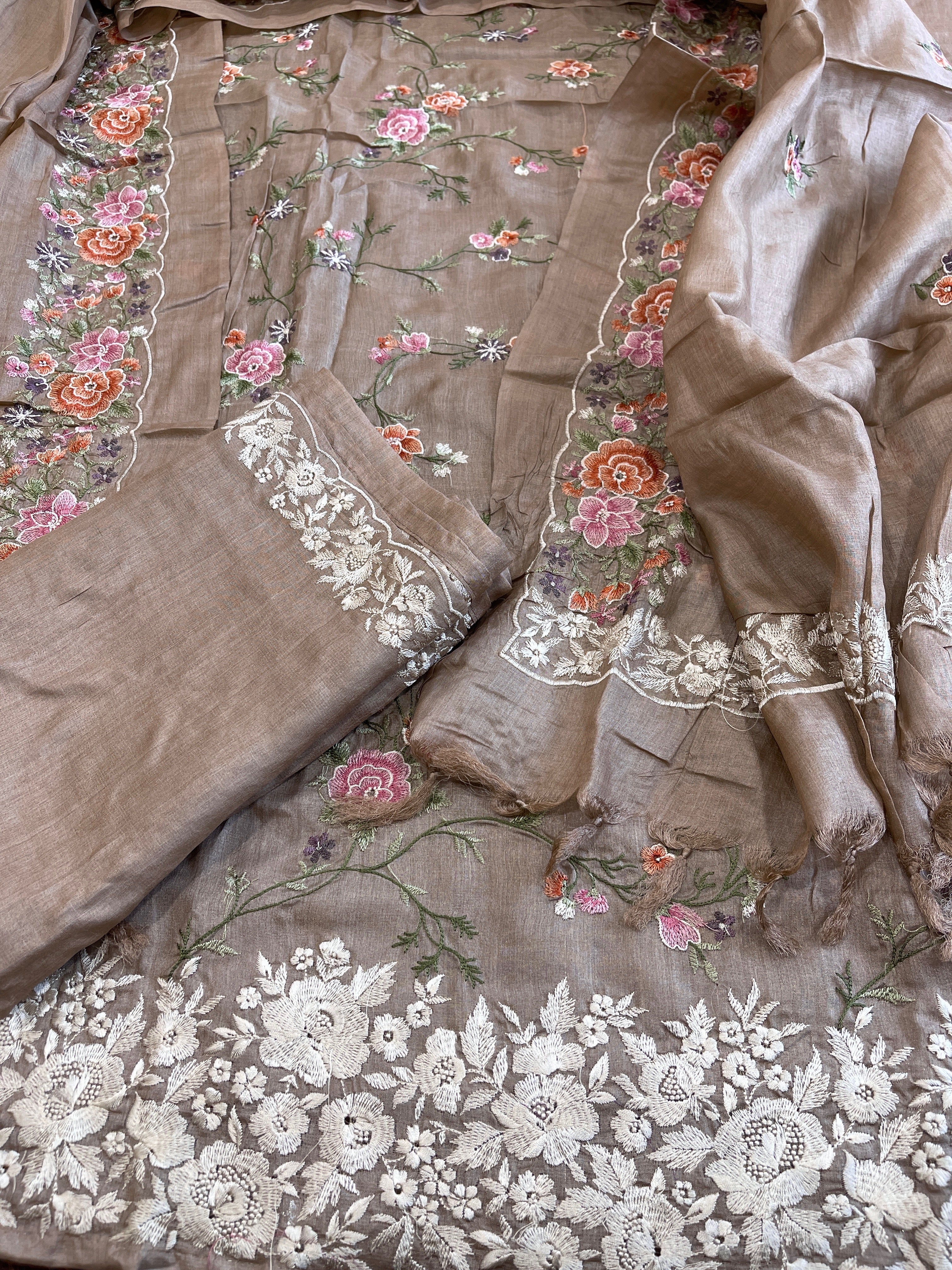 Pinkish Gold Suit Set with Thread Embroidery and Parsi Gara Embroidery in Pure Tussar Silk - Masakalee