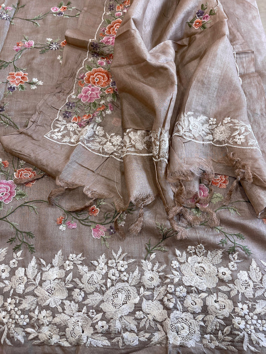 Pinkish Gold Suit Set with Thread Embroidery and Parsi Gara Embroidery in Pure Tussar Silk - Masakalee