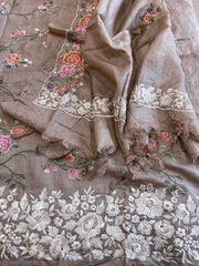 Pinkish Gold Suit Set with Thread Embroidery and Parsi Gara Embroidery in Pure Tussar Silk - Masakalee