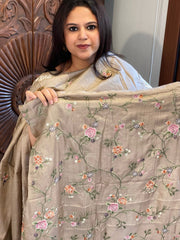 Pinkish Gold Suit Set with Thread Embroidery and Parsi Gara Embroidery in Pure Tussar Silk - Masakalee