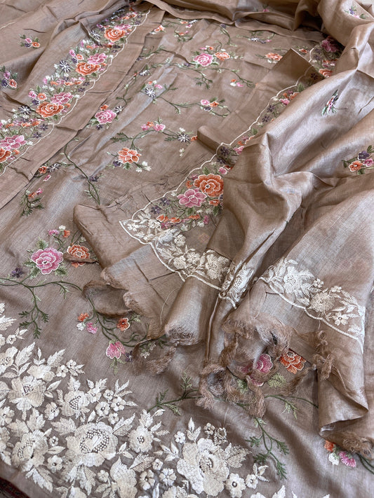 Pinkish Gold Suit Set with Thread Embroidery and Parsi Gara Embroidery in Pure Tussar Silk - Masakalee