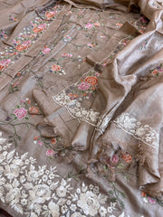Pinkish Gold Suit Set with Thread Embroidery and Parsi Gara Embroidery in Pure Tussar Silk - Masakalee