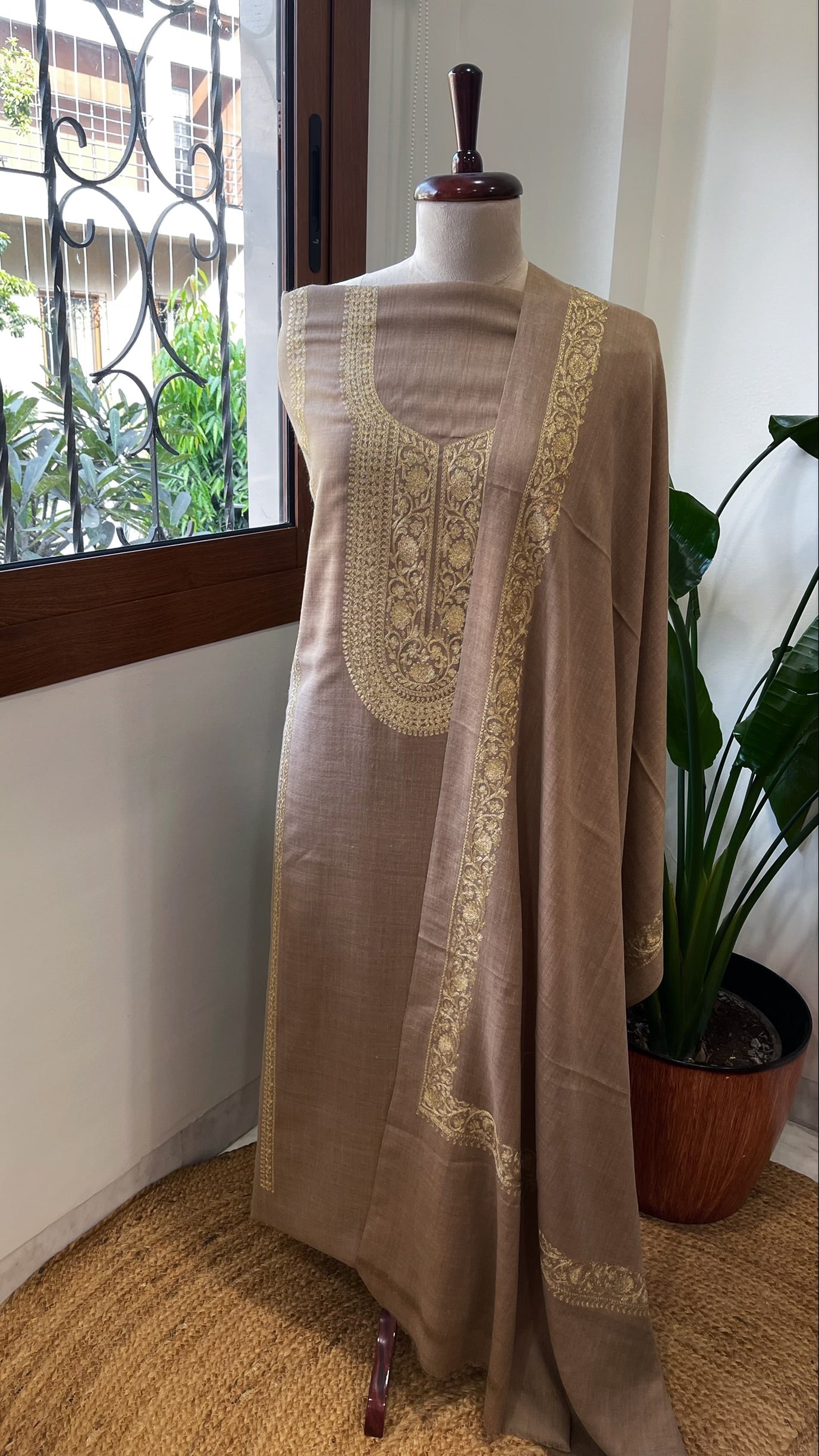 Pinkish Gold Winter Suit Set with Aari Work in Pashmina Wool - Masakalee