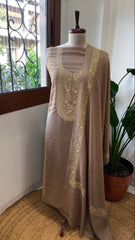 Pinkish Gold Winter Suit Set with Aari Work in Pashmina Wool - Masakalee