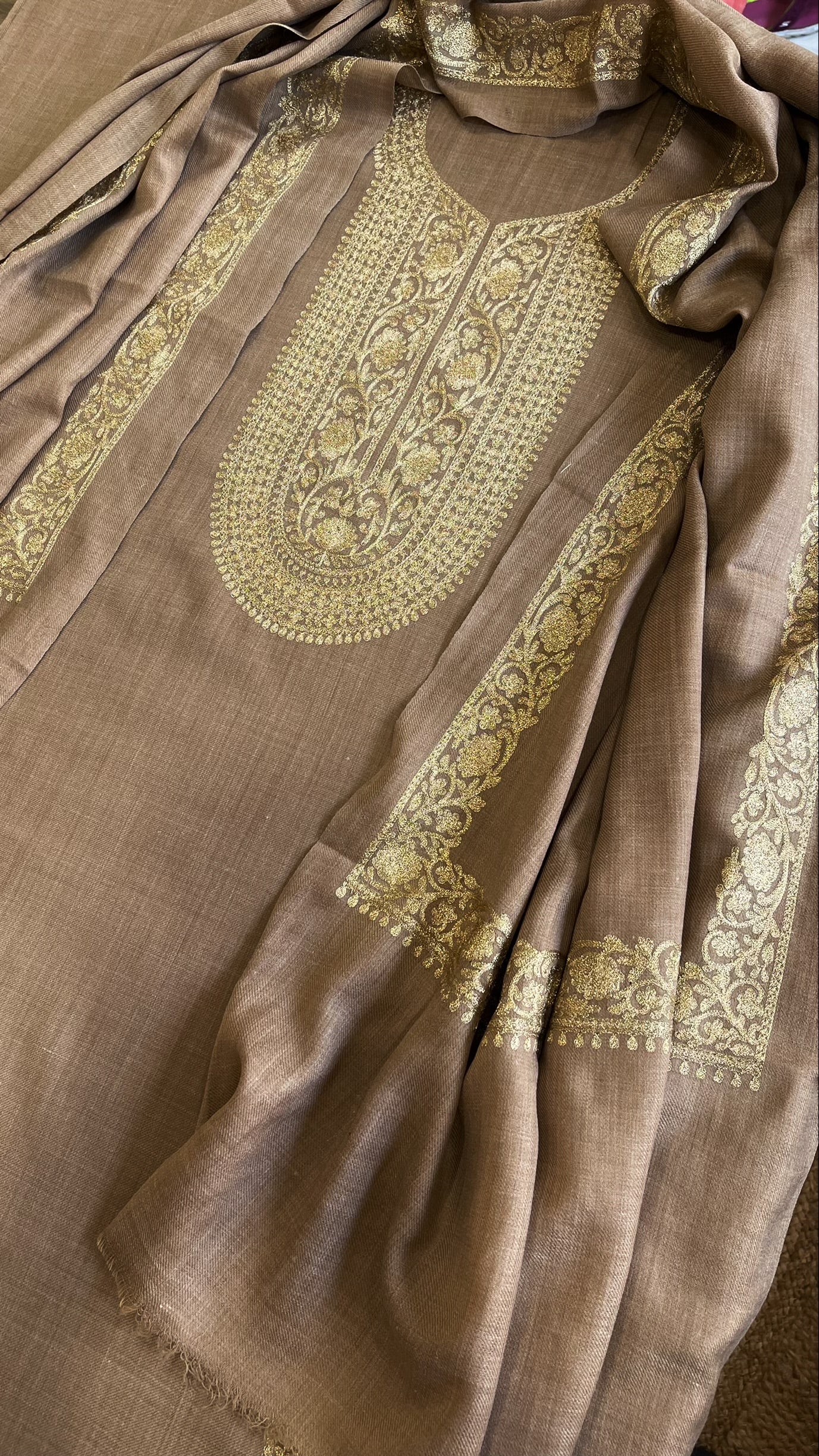 Pinkish Gold Winter Suit Set with Aari Work in Pashmina Wool - Masakalee