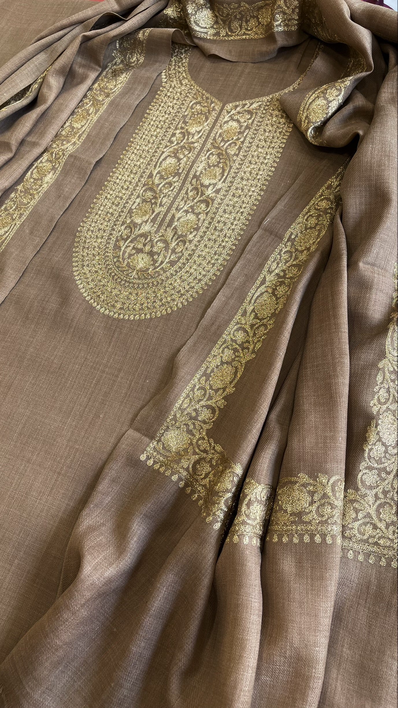 Pinkish Gold Winter Suit Set with Aari Work in Pashmina Wool - Masakalee