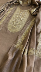 Pinkish Gold Winter Suit Set with Aari Work in Pashmina Wool - Masakalee