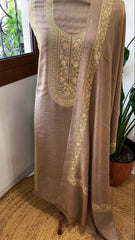 Pinkish Gold Winter Suit Set with Aari Work in Pashmina Wool - Masakalee