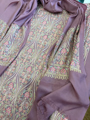 Pinkish Mauve Winter Suit Set with Aari Work in Pashmina Wool - Masakalee